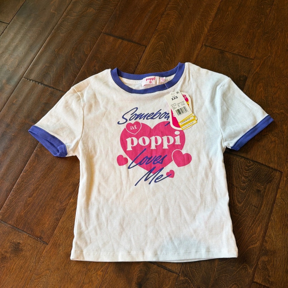 Poppi Soda Somebody at Poppi Loves Me Ribbed Ringer Tee White Blue Small NEW